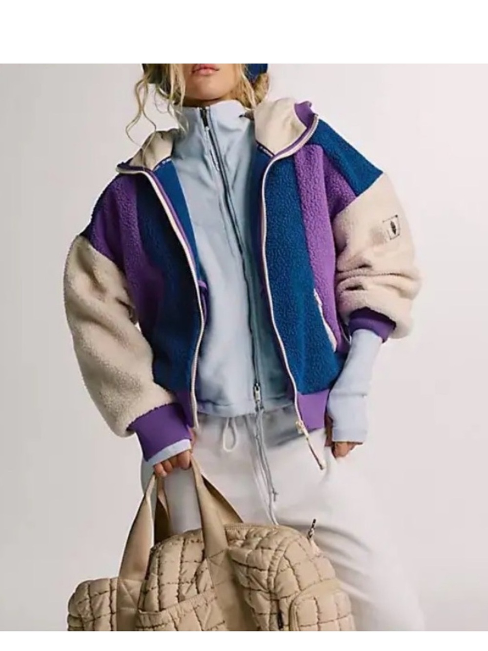 FP Movement by Free People Navy, Purple & Cream Colorblock Sherpa Zip Hoodie